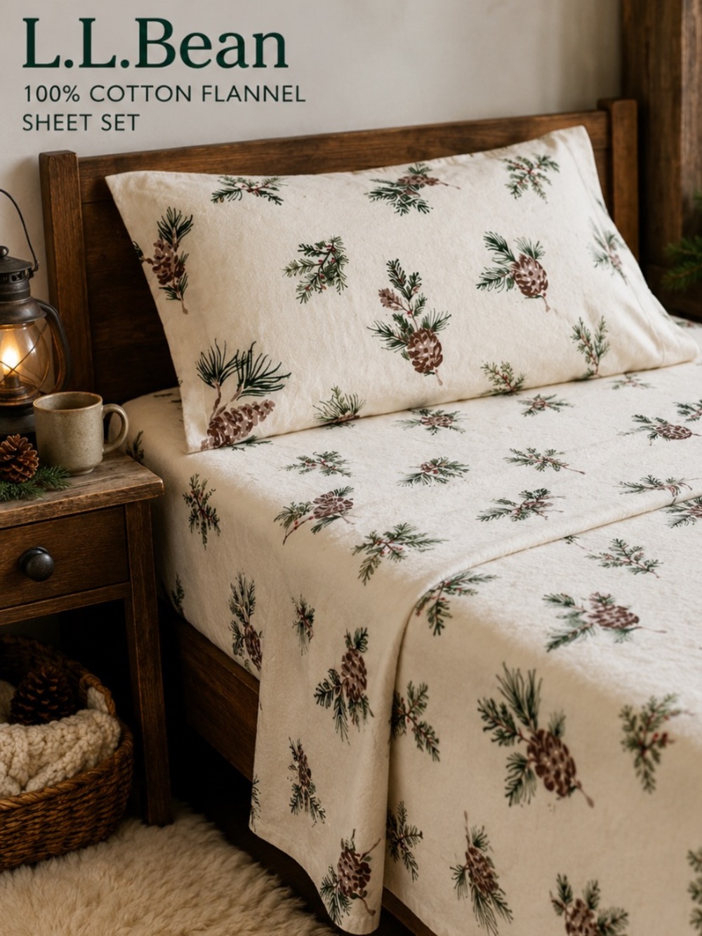 L.L.Bean Cream Flannel Sheets with Pinecone & Evergreen Motif